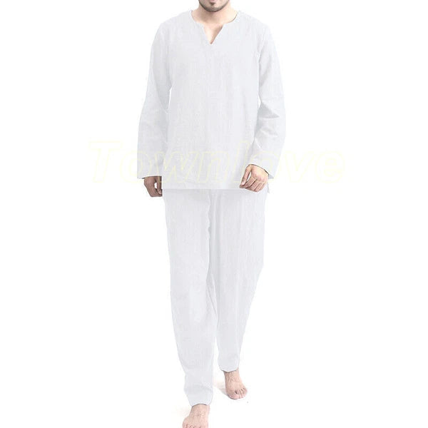 Mens Long Sleeve Cotton Linen Casual Loose Pajamas Suits Night Loungewear Set