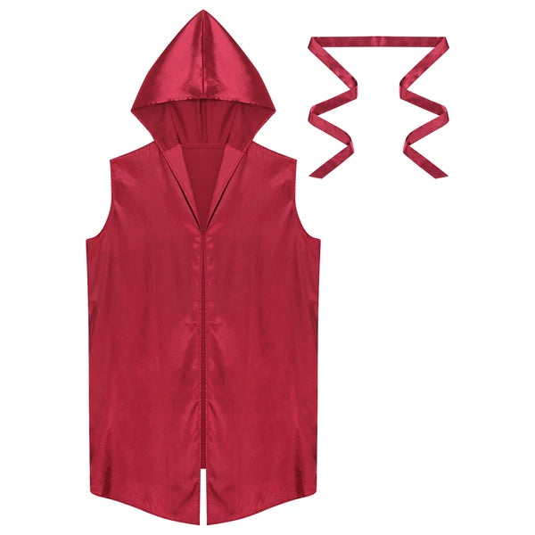 Men's Satiny Pajama Robe Set Sleeveless Silk Hooded Bathrobe with Belt Sleepwear