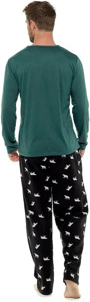 Mens Knitted Jersey Top and Cozy Microfleece Lounge Bottoms Set Soft Warm PJ Set