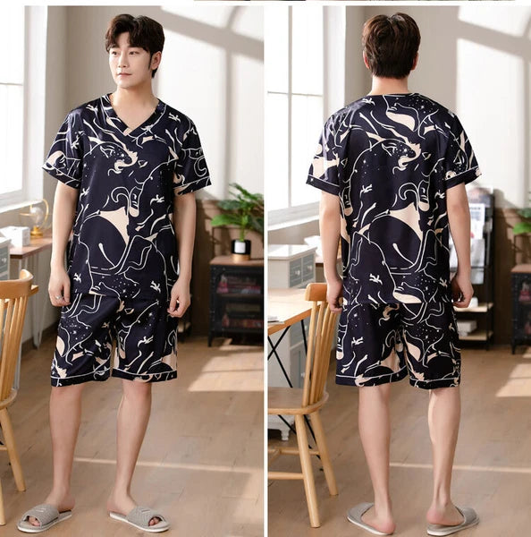 Short Sleeve Sleepwear Pjs Loungewear Pyjamas Charm Men's Silk Satin Pajamas Set
