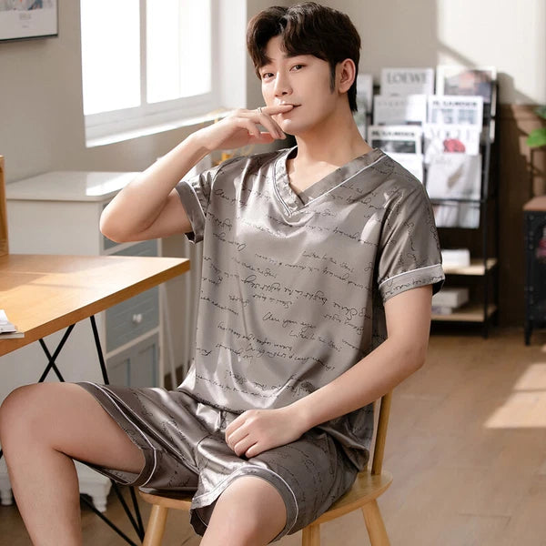 Short Sleeve Sleepwear Pjs Loungewear Pyjamas Charm Men's Silk Satin Pajamas Set