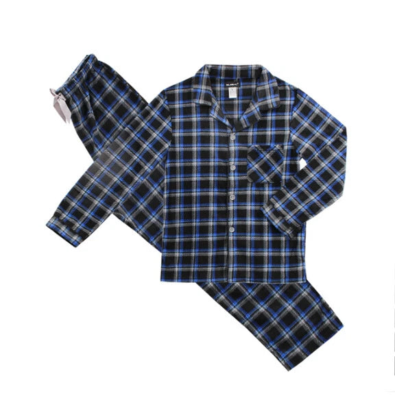 Men's Plaid Fleece 2 Piece Sleep Button Up Drawstring Waist Classic Pajama Set