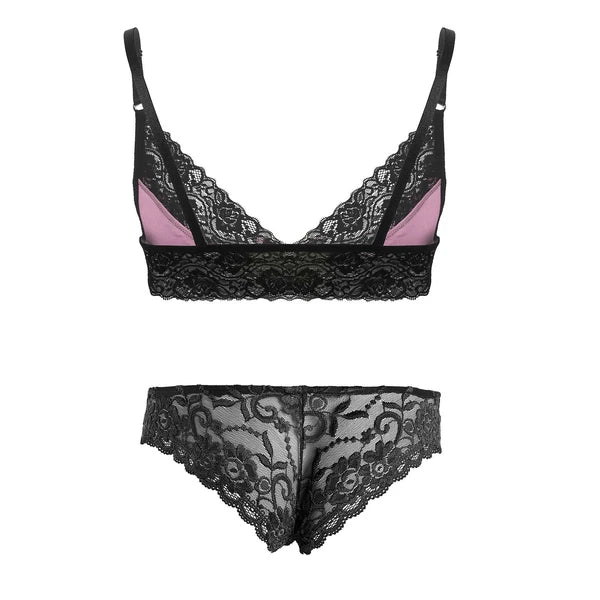 Men Ruffled Lingerie Set Cami Straps Bandeau Bra Thong 2Pcs Crossdresser Pajamas