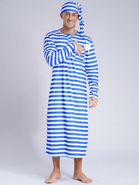 Men's Pajamas Set Long Sleeve Striped Robe Round Neck Loose Sleepwear with Hat