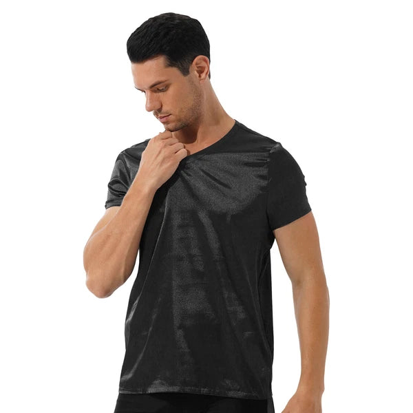Mens Muscle Shirts Pajama Set Sexy Satin Sleepwear Tank Top Shorts Nightwear