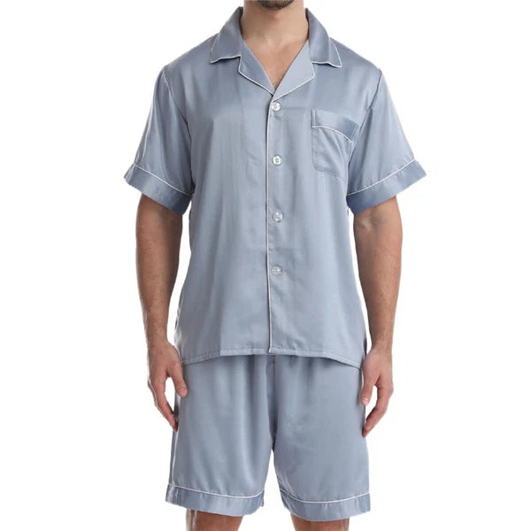 Men Satin Pajamas Set Shorts + Shirt Sleepwear Lounge Nightwear Buttons Outfit
