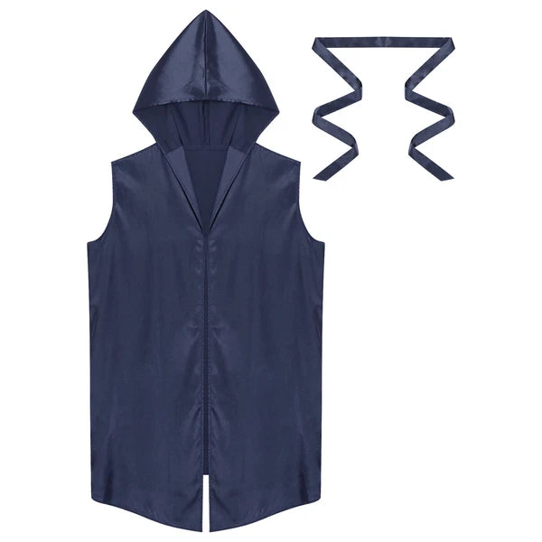 Men's Satiny Pajama Robe Set Sleeveless Silk Hooded Bathrobe with Belt Sleepwear