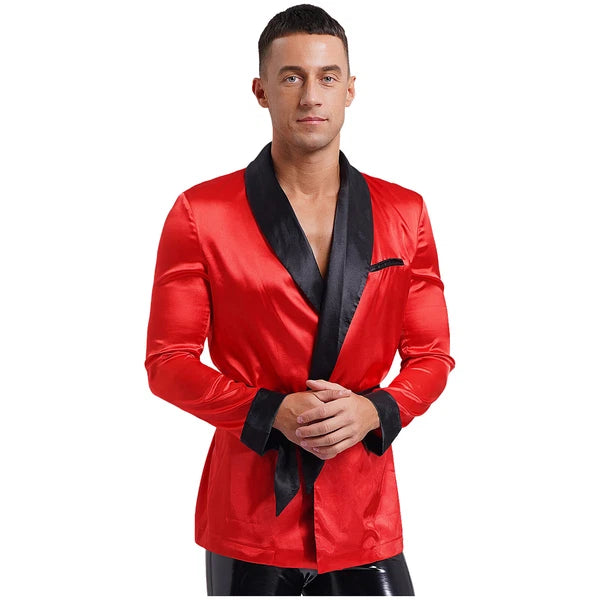 Men's Silk Satin Pajamas Set Short Sleeves Top and Bottom Boxer Shorts Shirt Set