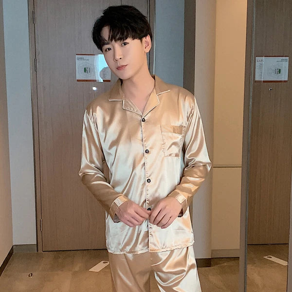 Mens Silk Satin Pajamas Set Sleepwear Pyjamas Long Sleeve PJ Set Top and Bottom