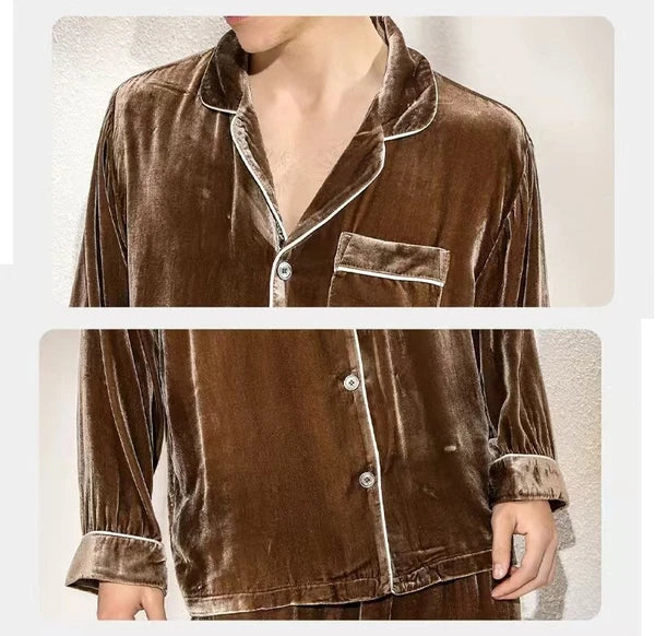 Men's Silk Velvet Pajamas Set Long Sleeves Silk Sleepwear  Camel S M L XL