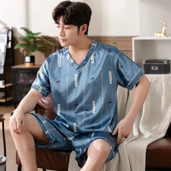 Short Sleeve Sleepwear Pjs Loungewear Pyjamas Charm Men's Silk Satin Pajamas Set