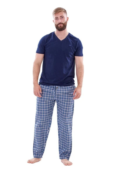 Mens Nightwear Pyjama Set Woven Cotton Check Jersey Top Loungewear Lightweight