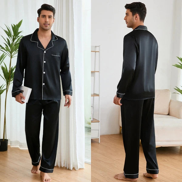 Mens Silk Satin Pyjamas Set Nightwear Pyjama Top & Bottoms Loungewear Sleepwear