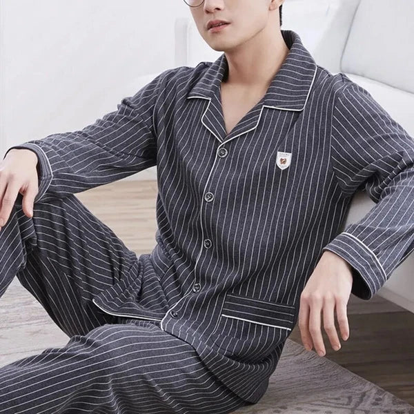 Men's Pajama Sets Simple Sleepwear Long Sleeve Cotton Top Pant Leisure Outwear