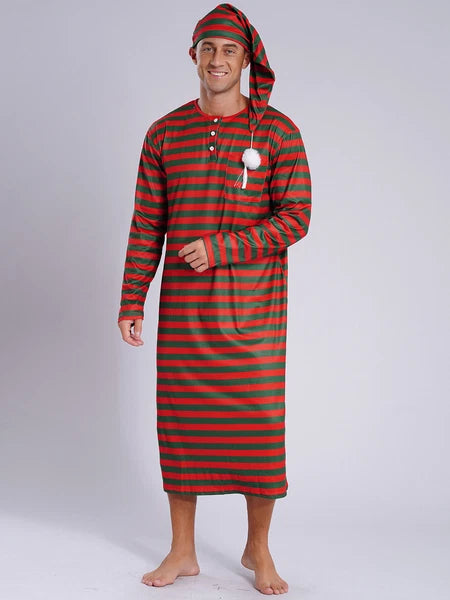 Men's Pajamas Set Long Sleeve Striped Robe Round Neck Loose Sleepwear with Hat
