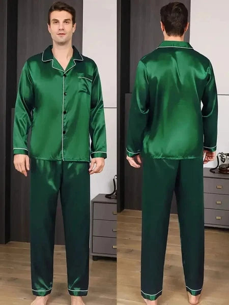 Men's Silk Satin Pajama Set Long Sleeve Soft Sleepwear Loungewear Suit