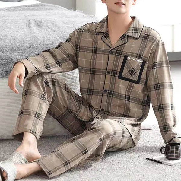 Mens Check Pyjama Long Sleeve Top Trouser Cotton Nightwear Lounge Wear Pyjamas