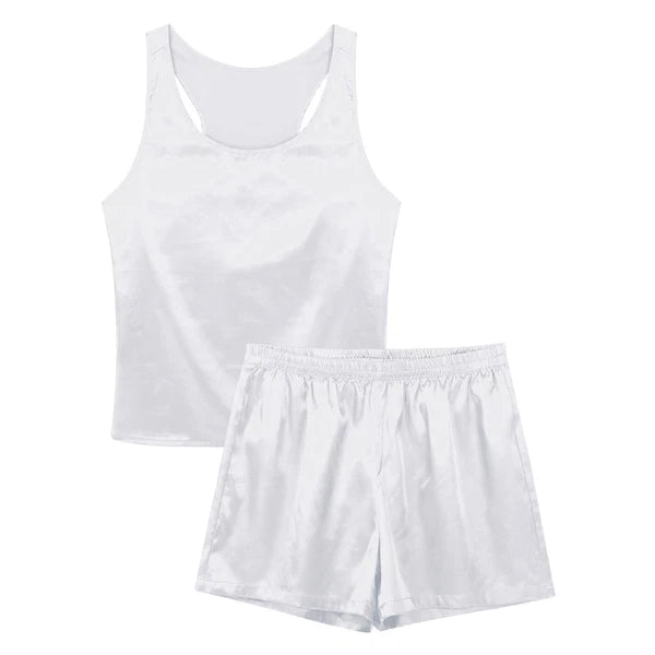 Men's Silk Satin Pajamas Set Vest Top and Boxer Shorts Sleepwear Home Loungewear
