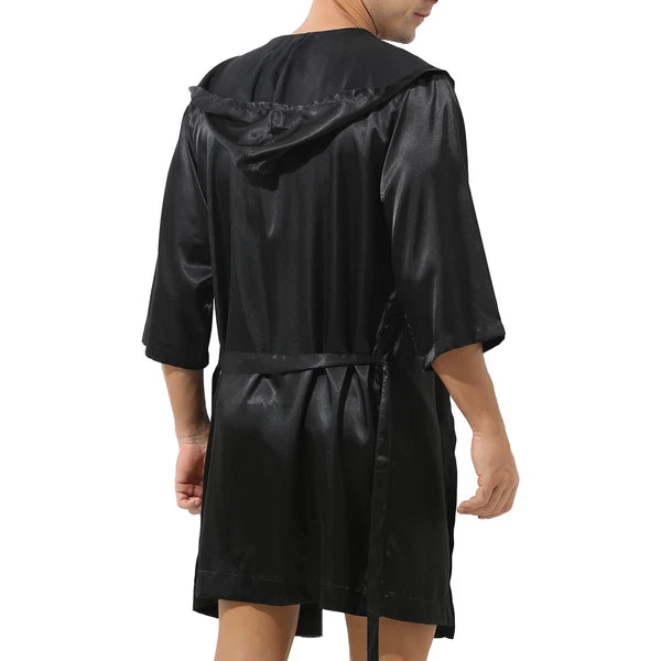 Men's Hooded Robe Set Silk Satin Night Gown Bathrobe Pajama Hot Pants Underwear