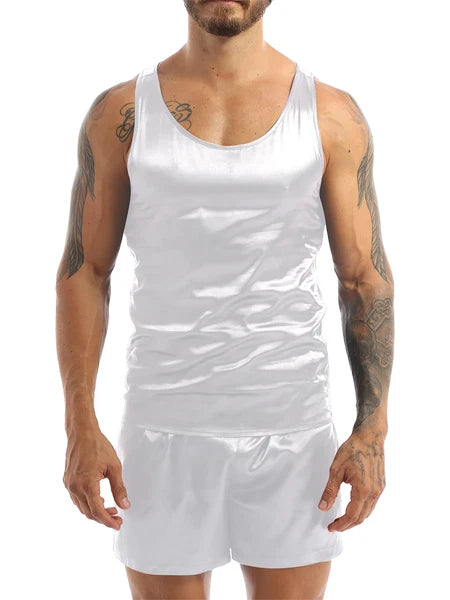 Men's Satin Pajamas Set Soft Silky Loungewear Nightwear Shirts Top with Shorts