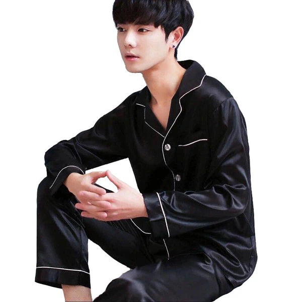 Mens Silk Satin Pajamas Set Top and Bottom Burgundy White sleepwear robes