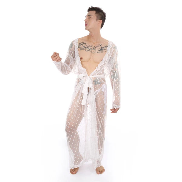 Mens Dress Long Sleeve Bathrobe Kimono Pajamas Lace Clear Thong Set-