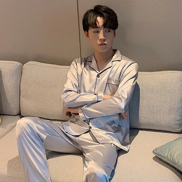 Mens Silk Satin Pajamas Set pyjamas for men Loose Sleepwear PJ Set Autumn Gift