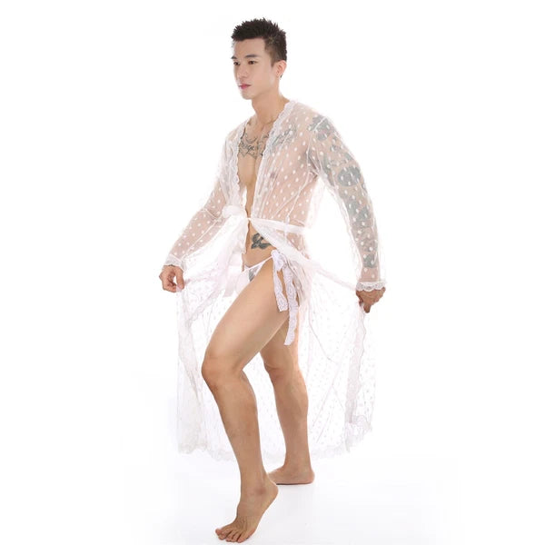 Mens Dress Long Sleeve Bathrobe Kimono Pajamas Lace Clear Thong Set-
