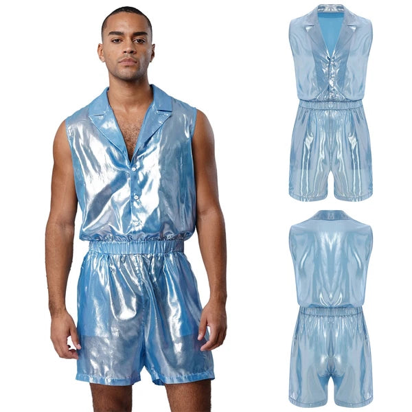 Men Shiny Glossy See-Through Metallic Chiffon Jumpsuit Bodysuit /Pajama Set