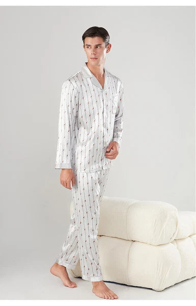 Men's 19MM 100% Pure Mulberry Silk Pajamas Set Long Sleeves Silk Sleepwear S~3XL