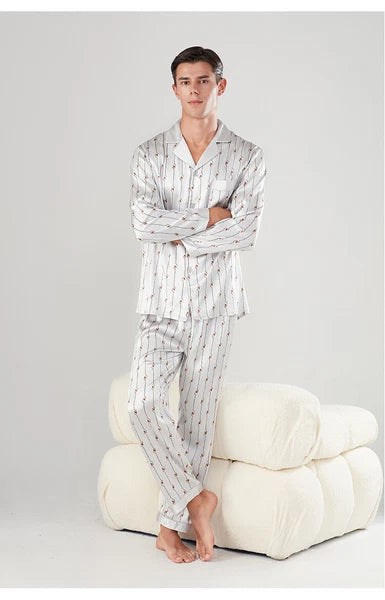 Men's 19MM 100% Pure Mulberry Silk Pajamas Set Long Sleeves Silk Sleepwear S~3XL