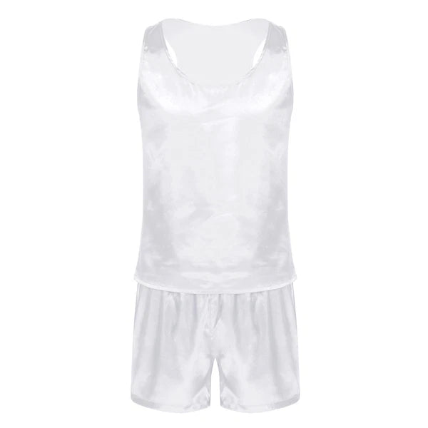 Men's Silk Satin Pajamas Set Vest Top and Boxer Shorts Sleepwear Home Loungewear
