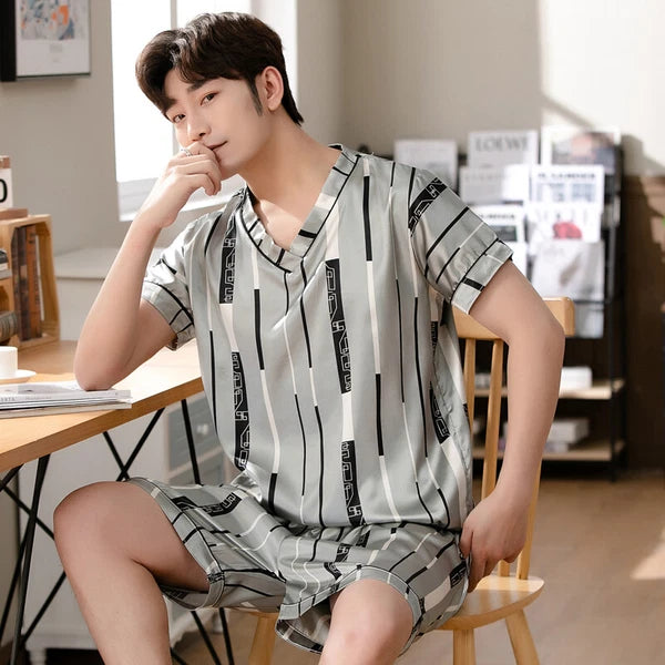 Short Sleeve Sleepwear Pjs Loungewear Pyjamas Charm Men's Silk Satin Pajamas Set