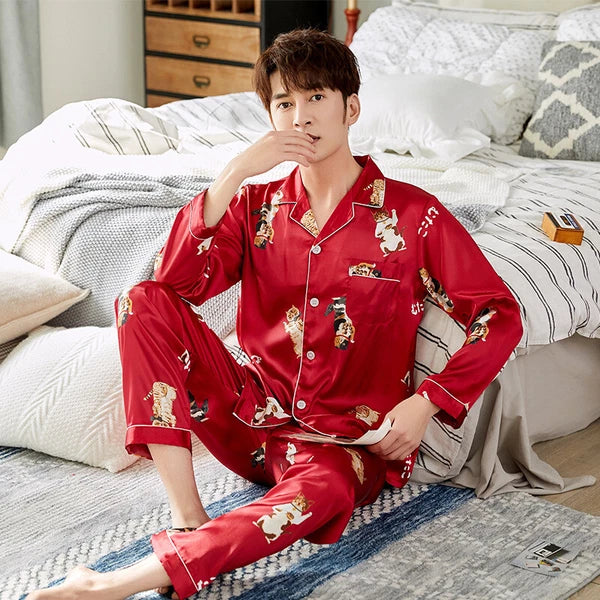 Men's Long Sleeve Satin Pajamas Set Luxury Button Down Pajama Pants Home Clothe
