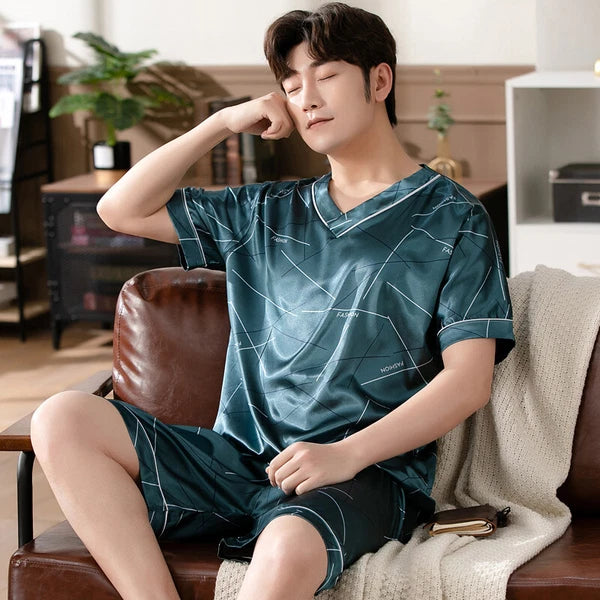 Short Sleeve Sleepwear Pjs Loungewear Pyjamas Charm Men's Silk Satin Pajamas Set