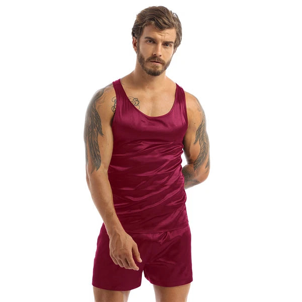Men's Silk Satin Pajamas Set Vest Top and Boxer Shorts Sleepwear Home Loungewear