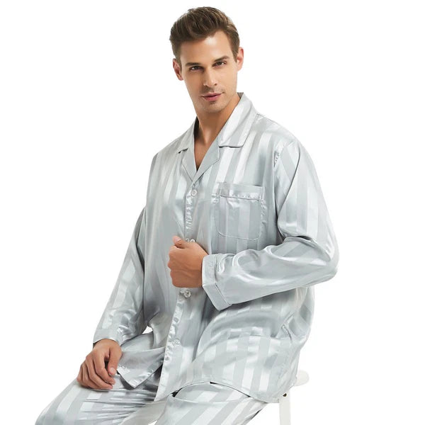 Mens Silk Satin Pajamas Sets Long Sleeves Pajamas Sleepwear Nightwear Loungewear