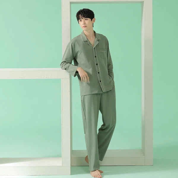 Men's Homewear Pajama Set Pure Color Soft Comfort Antibacterial Long Sleeve
