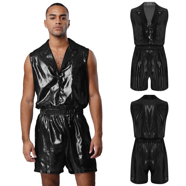 Men Shiny Glossy See-Through Metallic Chiffon Jumpsuit Bodysuit /Pajama Set