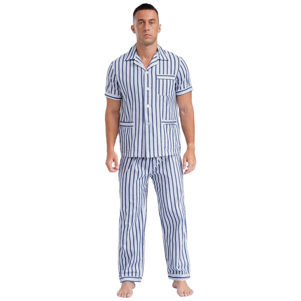 Mens Homewear 2pcs Pajama Set Sleep Sleepwear Shirt Nightgown Button Down Suits