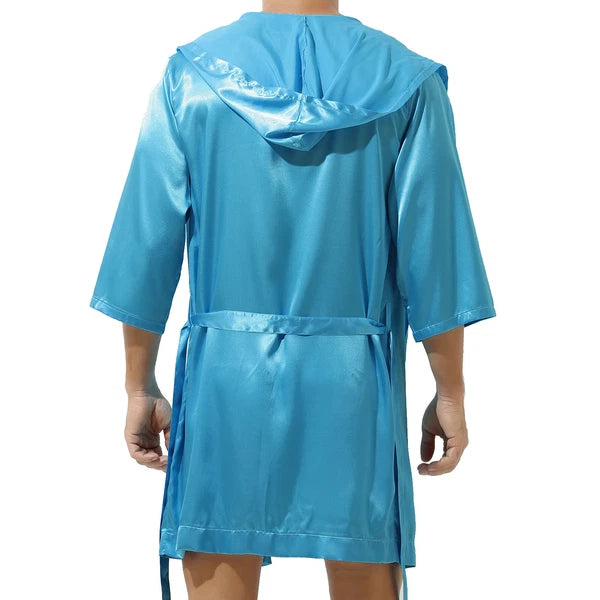 Men's Hooded Robe Set Silk Satin Night Gown Bathrobe Pajama Hot Pants Underwear