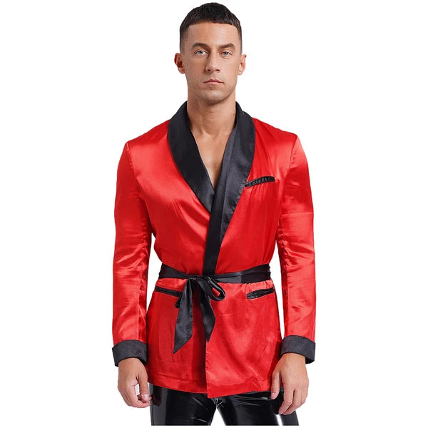 Men's Silk Satin Pajamas Set Short Sleeves Top and Bottom Boxer Shorts Shirt Set