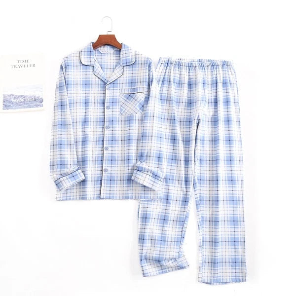 Men's Pajamas Set 100% Cotton Sleepwear Long Sleeve Button Top Pants Nightwear