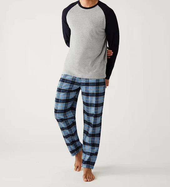 M & S Mens Pure Cotton Brushed For Warmth Pyjamas Loungewear Top & Long Pants