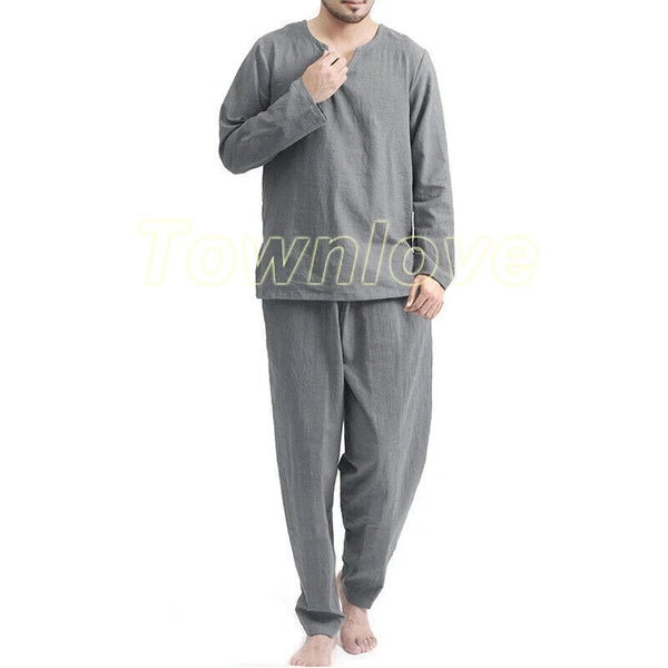 Mens Long Sleeve Cotton Linen Casual Loose Pajamas Suits Night Loungewear Set