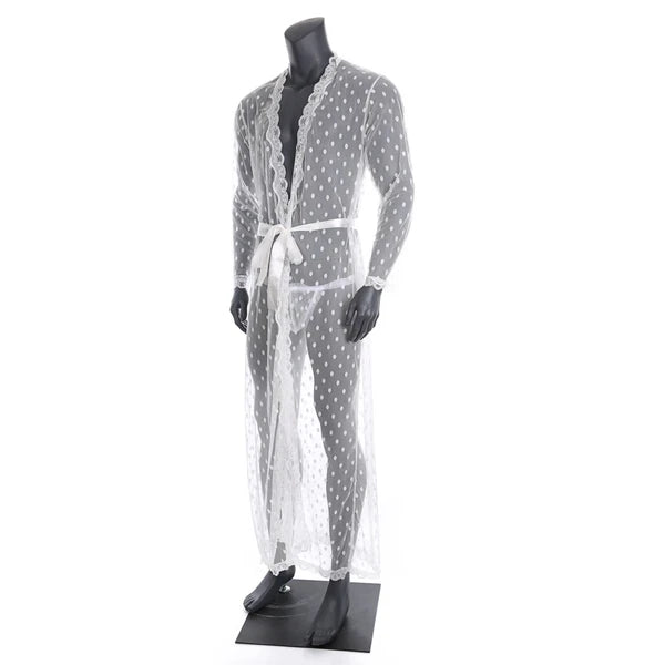 Men Bathrobe Lace Gown Kimono Long Sleeves Robe Pajamas See-through Thong Set