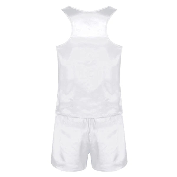 Men's Silk Satin Pajamas Set Vest Top and Boxer Shorts Sleepwear Home Loungewear