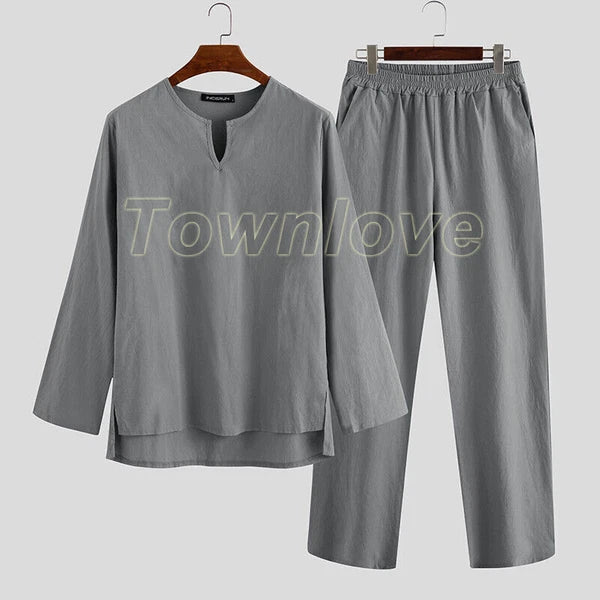 Mens Long Sleeve Cotton Linen Casual Loose Pajamas Suits Night Loungewear Set