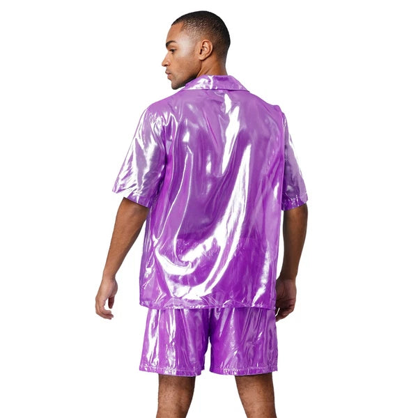 Men Shiny Glossy See-Through Metallic Chiffon Jumpsuit Bodysuit /Pajama Set