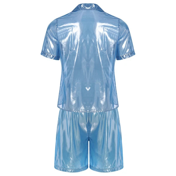 Men Shiny Glossy See-Through Metallic Chiffon Jumpsuit Bodysuit /Pajama Set